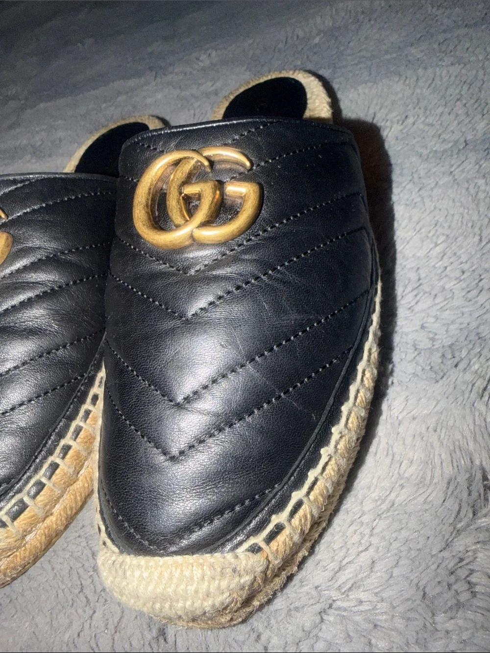 Preloved Gucci Black Quilted Leather Espadrille Mules with Gold GG size38